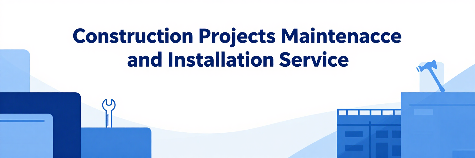 Banner de servicio de mantenimiento e instalación de proyectos de construcción con gráficos industriales azules.