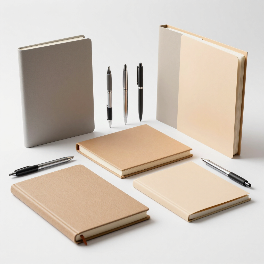 Juego de papelería minimalista con cuadernos beige y bolígrafos negros dispuestos sobre un fondo claro.