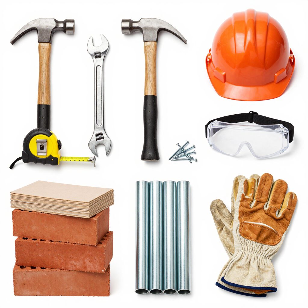 Herramientas de construcción y equipo de seguridad: martillos, llave inglesa, cinta métrica