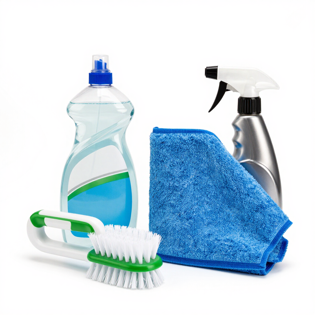 Artículos de limpieza: botella pulverizadora, jabón para platos, paño azul, esponja y cepillo para fregar sobre fondo blanco.