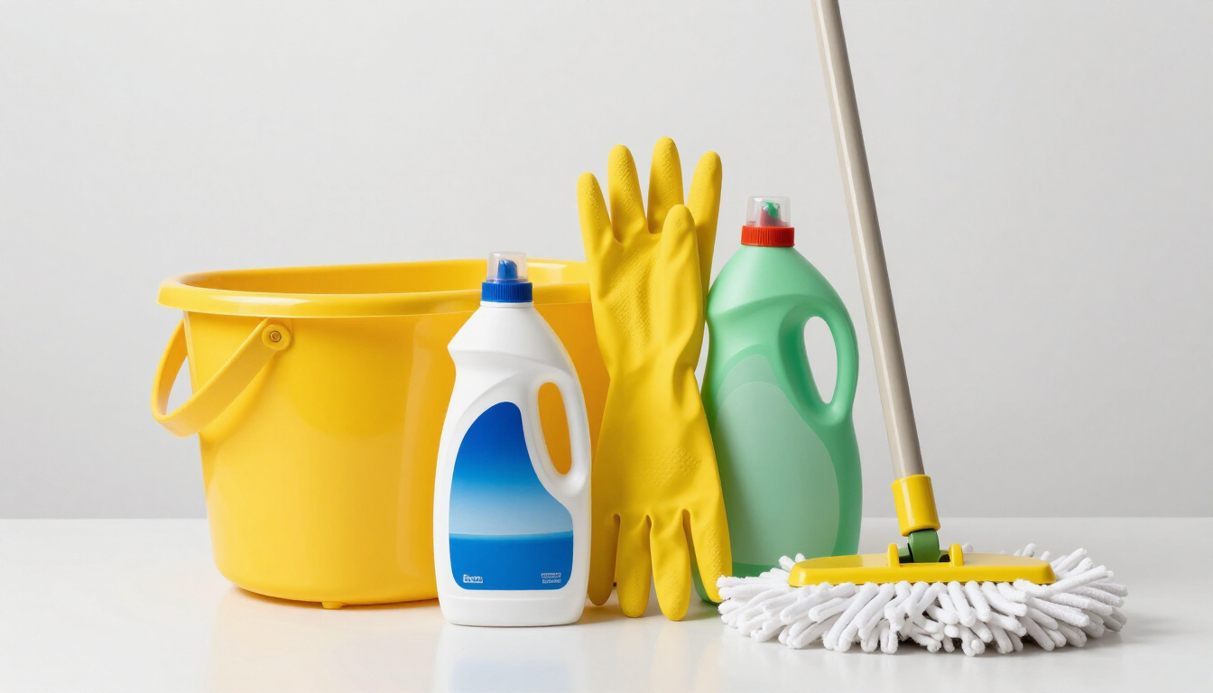 Artículos de limpieza con cubo amarillo, guantes, botellas de detergente y cabezal de fregona sobre un fondo blanco.