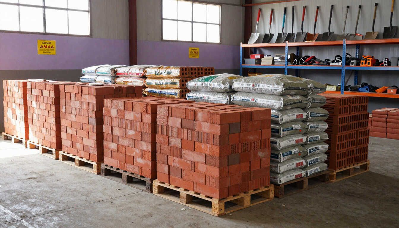 Montones de ladrillos rojos y materiales ensacados sobre palés de madera en un almacén.