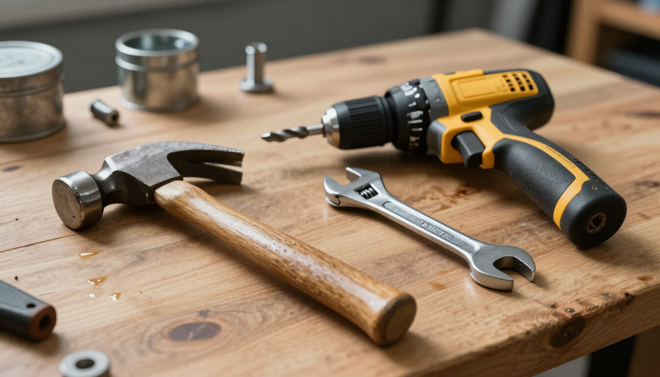 Martillo, llave inglesa y taladro amarillo sobre un banco de trabajo de madera con herrajes metálicos.