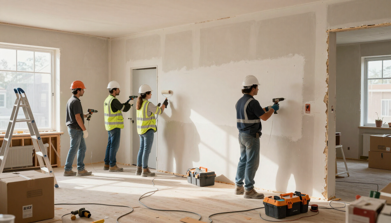 Trabajadores pintando y reparando paneles de yeso en una habitación en renovación, con escaleras y herramientas cerca.