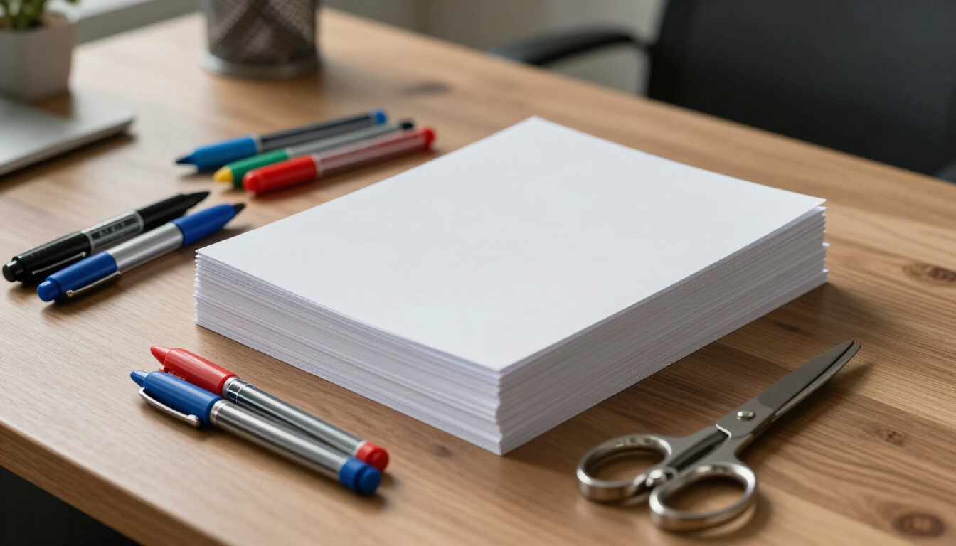 Una pila de papel blanco con bolígrafos de colores y tijeras sobre un escritorio de madera.