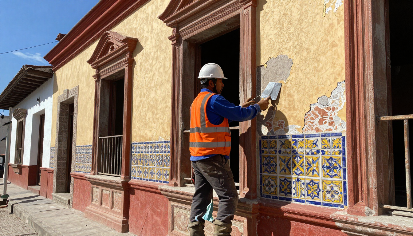 Obrero con casco y chaleco naranja enyesando la pared de un edificio junto a ventanas y una puerta alicatadas.