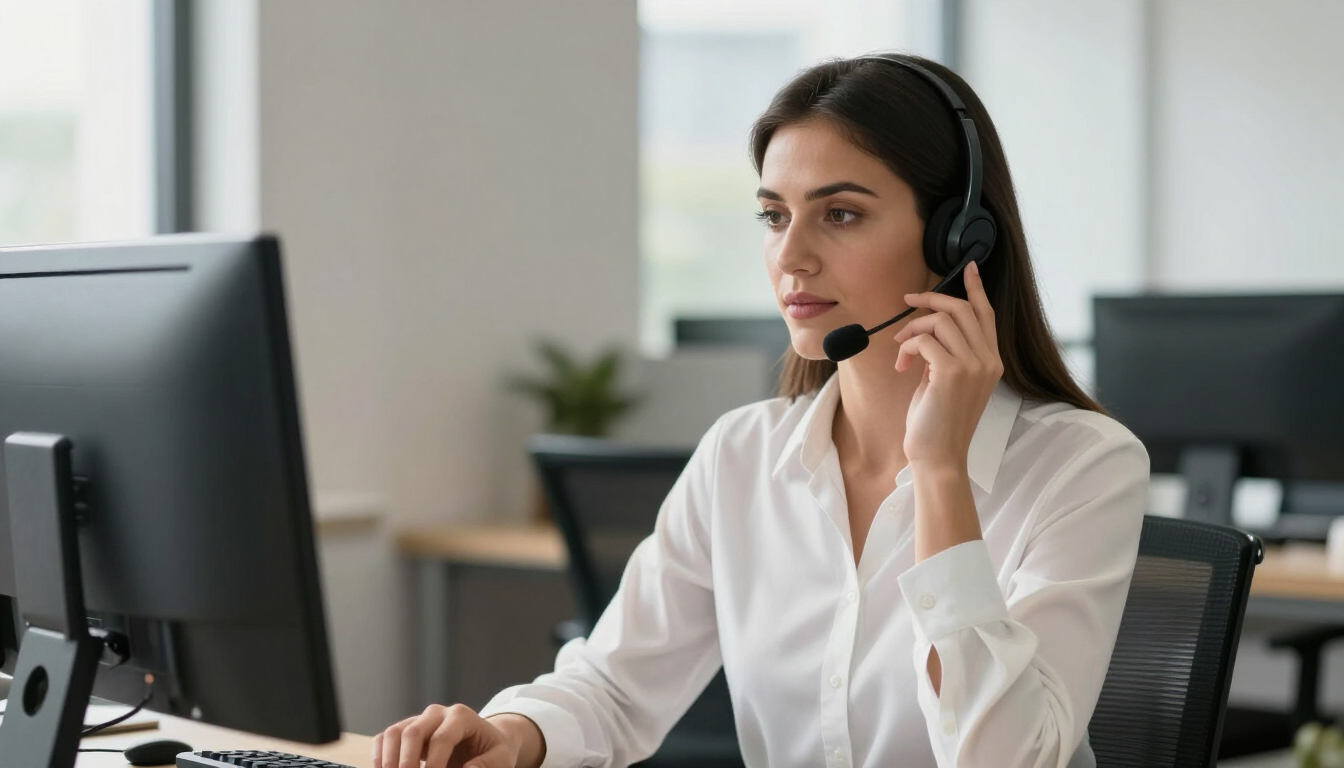 Mujer con auriculares trabajando en un escritorio de una oficina, hablando por un micrófono.