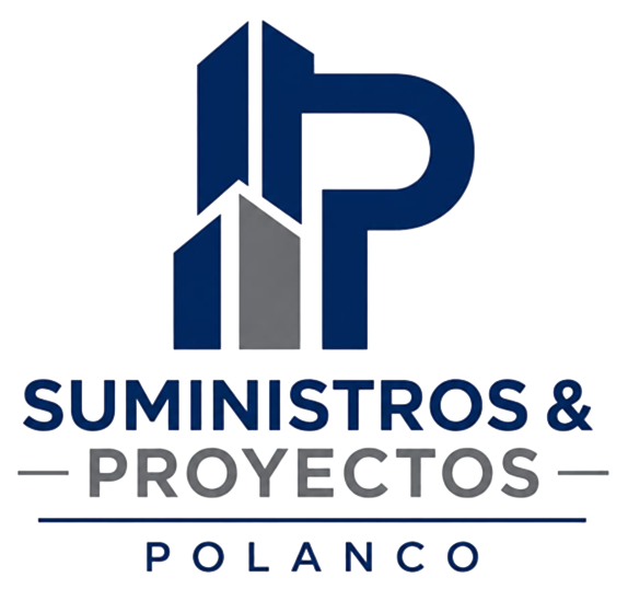 Logo de Suministros & Proyectos Polanco en azul, con un edificio estilizado y texto corporativo.