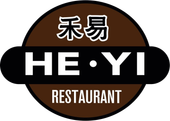 Black-and-brown HE•YI restaurant logo with Chinese characters and white text in a circular emblem
