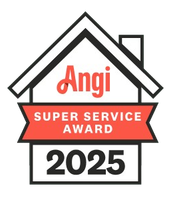 Angi Super Service Award 2025 badge in a house outline, with red ribbon and black year text