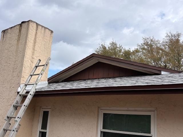 Ladder leaning against a house chimney on a cloudy day