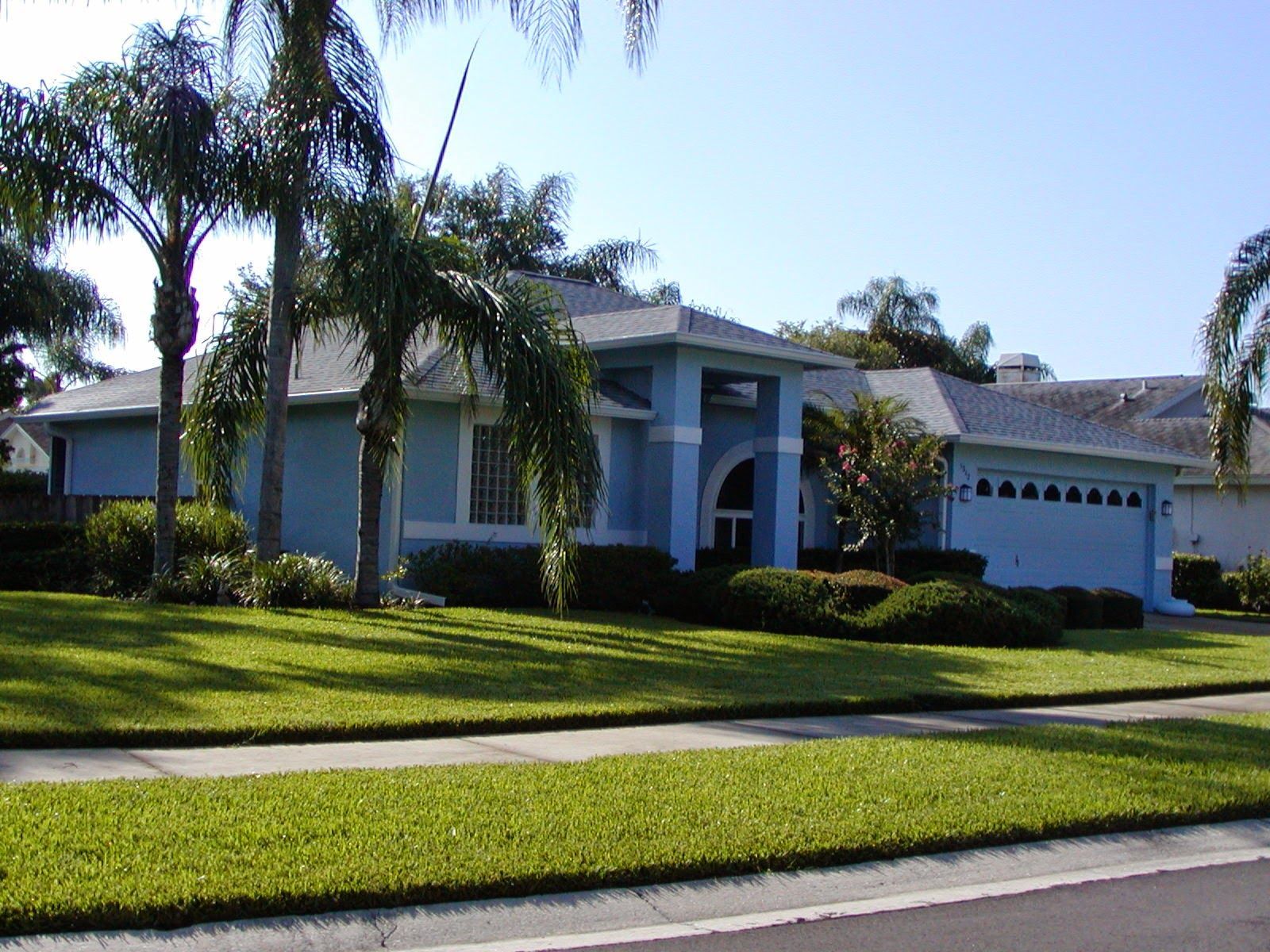 Suburban house with blue exterior, palm trees, and a manicured lawn on a sunny day
