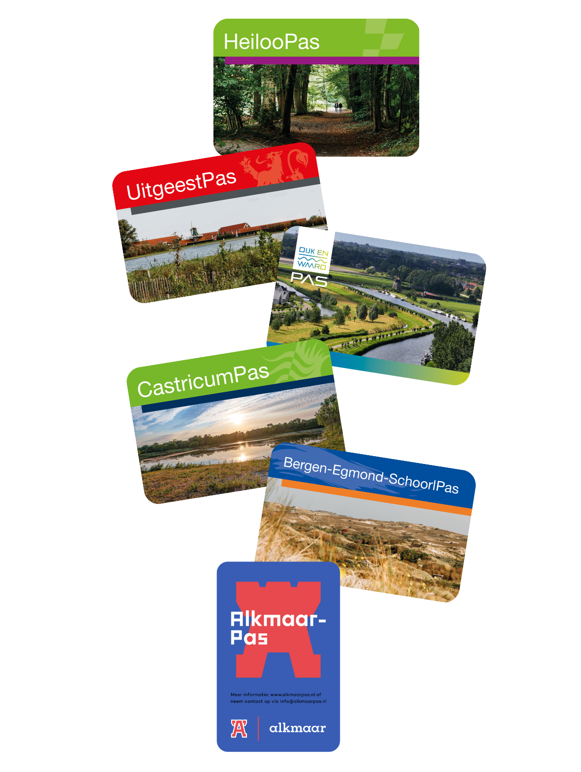 Afbeeldingen van de AlkmaarPas, Bergen-Egmond-SchoorlPas, HeilooPas, UitgeestPas, DijkenWaardPas, CastricumPas