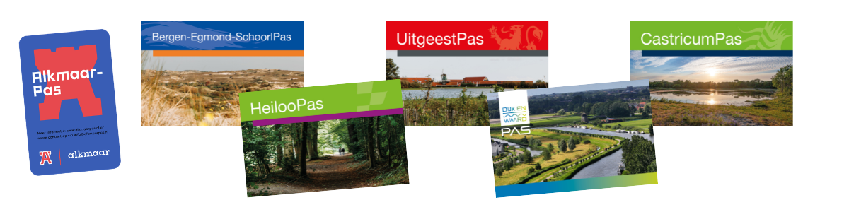 Afbeeldingen van de AlkmaarPas, Bergen-Egmond-SchoorlPas, HeilooPas, UitgeestPas, DijkenWaardPas, CastricumPas