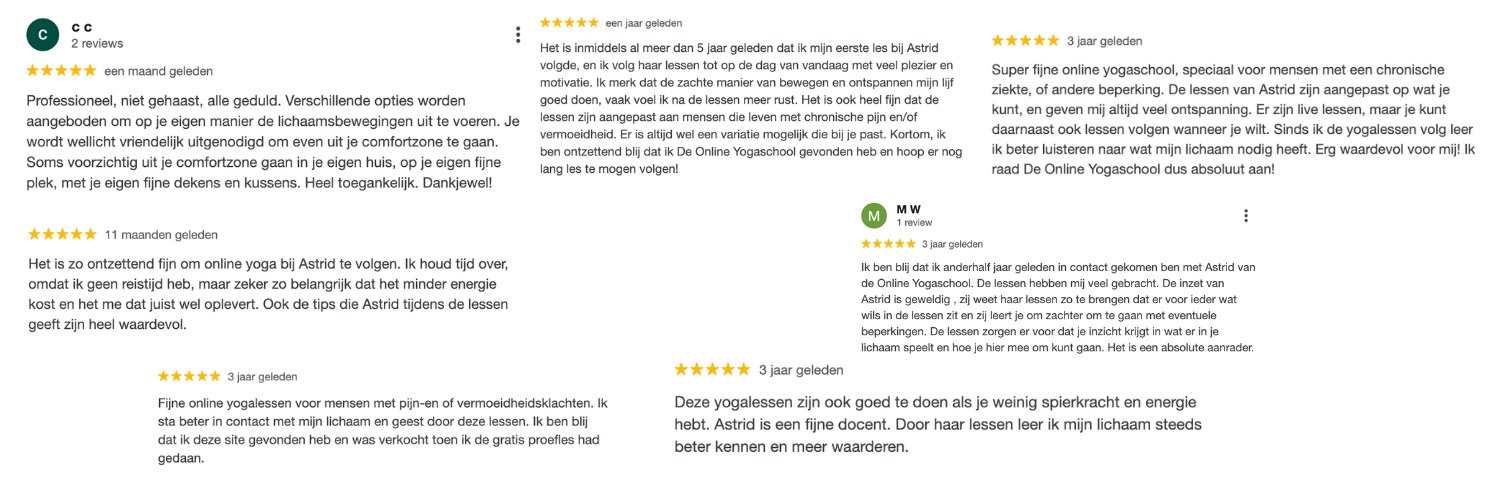 Een rij google review recensies op een witte achtergrond.