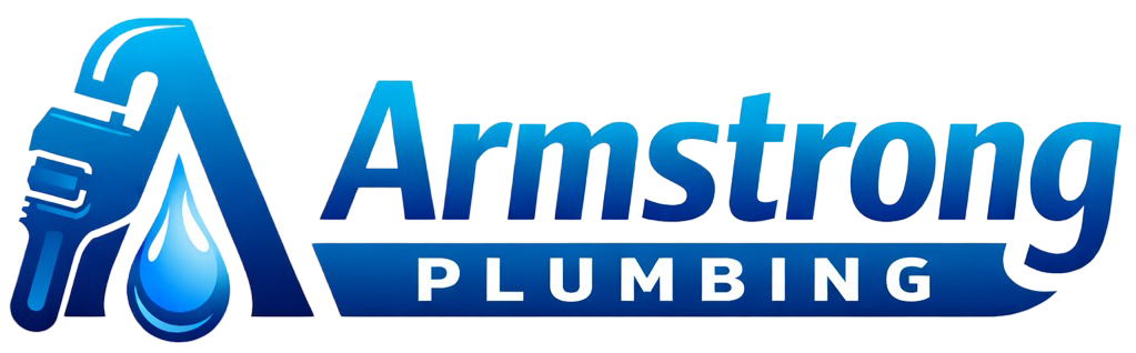 Logo for Armstrong Plumbing featuring a stylized blue letter A incorporating a wrench and a water drop.