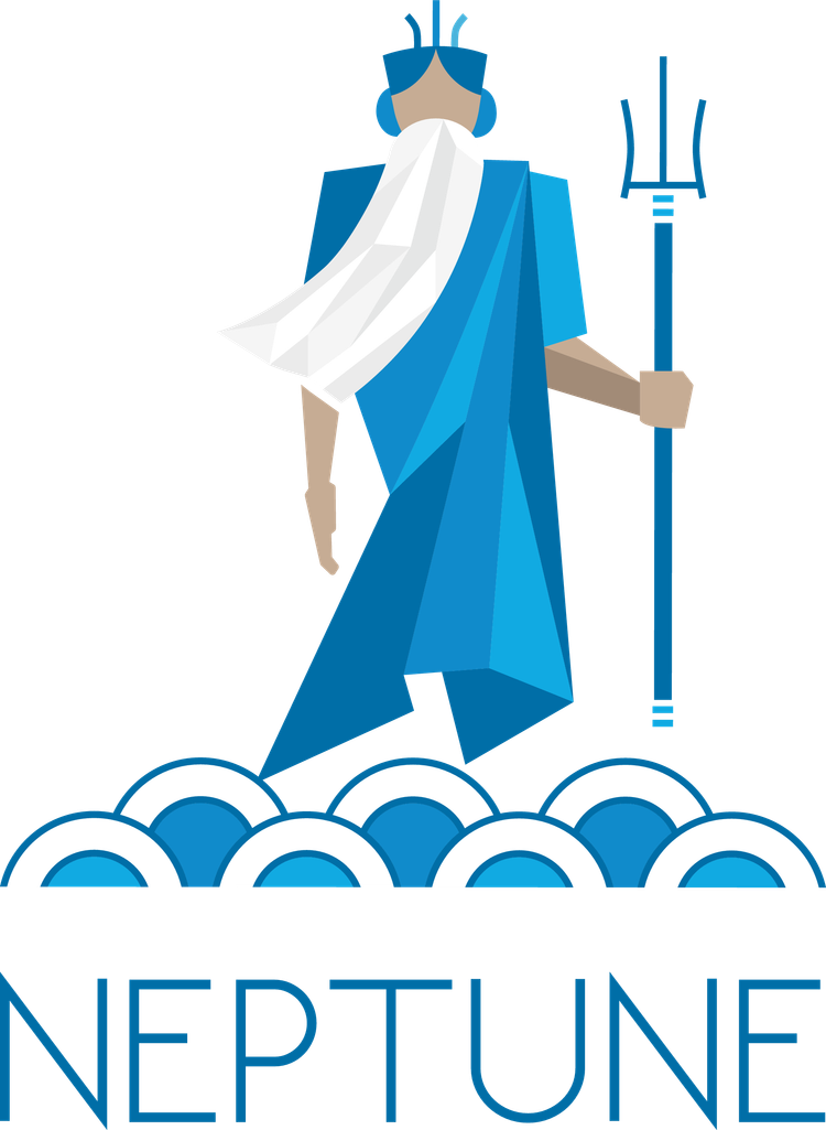 The logo for neptune shows a man in a blue robe holding a trident