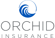 The logo for orchid insurance has a blue wave in the middle of it.