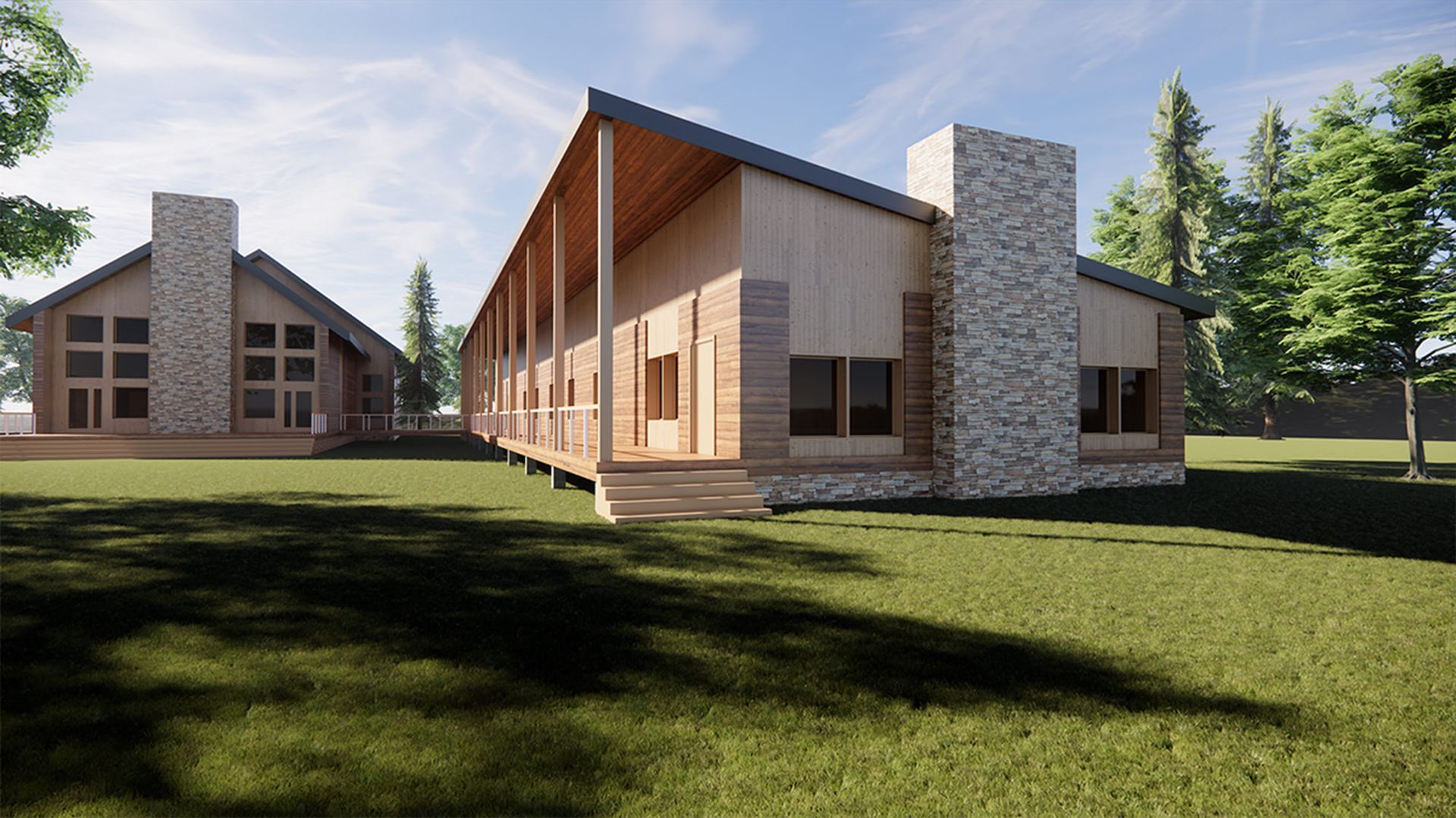 an artist 's impression of a wooden house with a stone chimney .