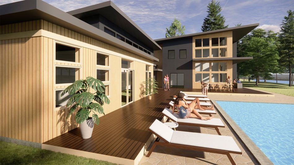 an artist 's impression of a house with a swimming pool in front of it .