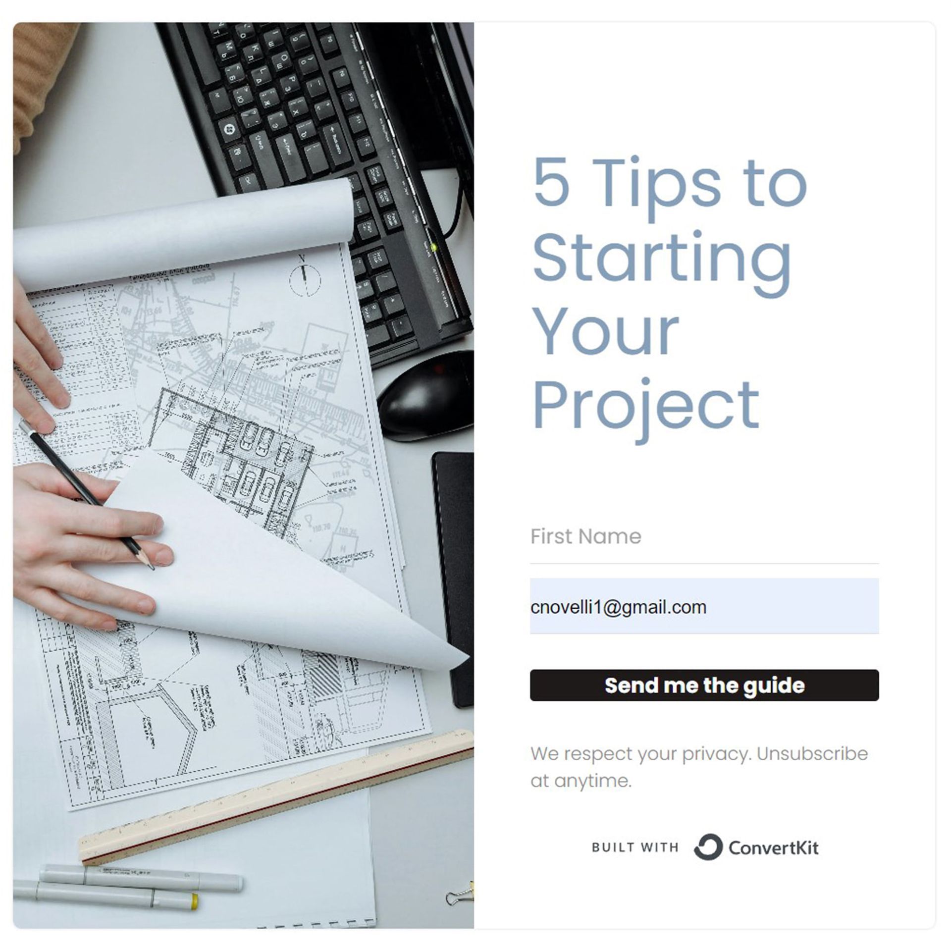 a person is sitting at a desk with a computer and a blueprint .