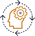 an icon of a person 's head with a gear in it surrounded by arrows .