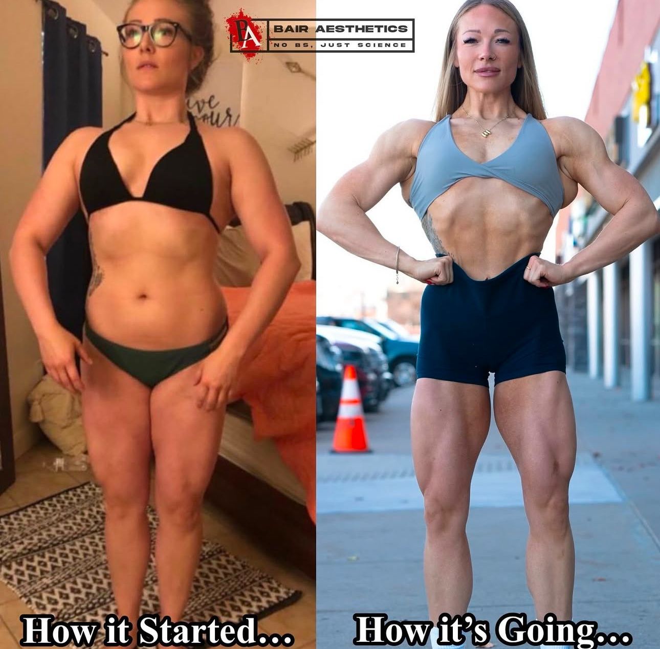 A picture of a woman in a bikini and a picture of a woman with muscles