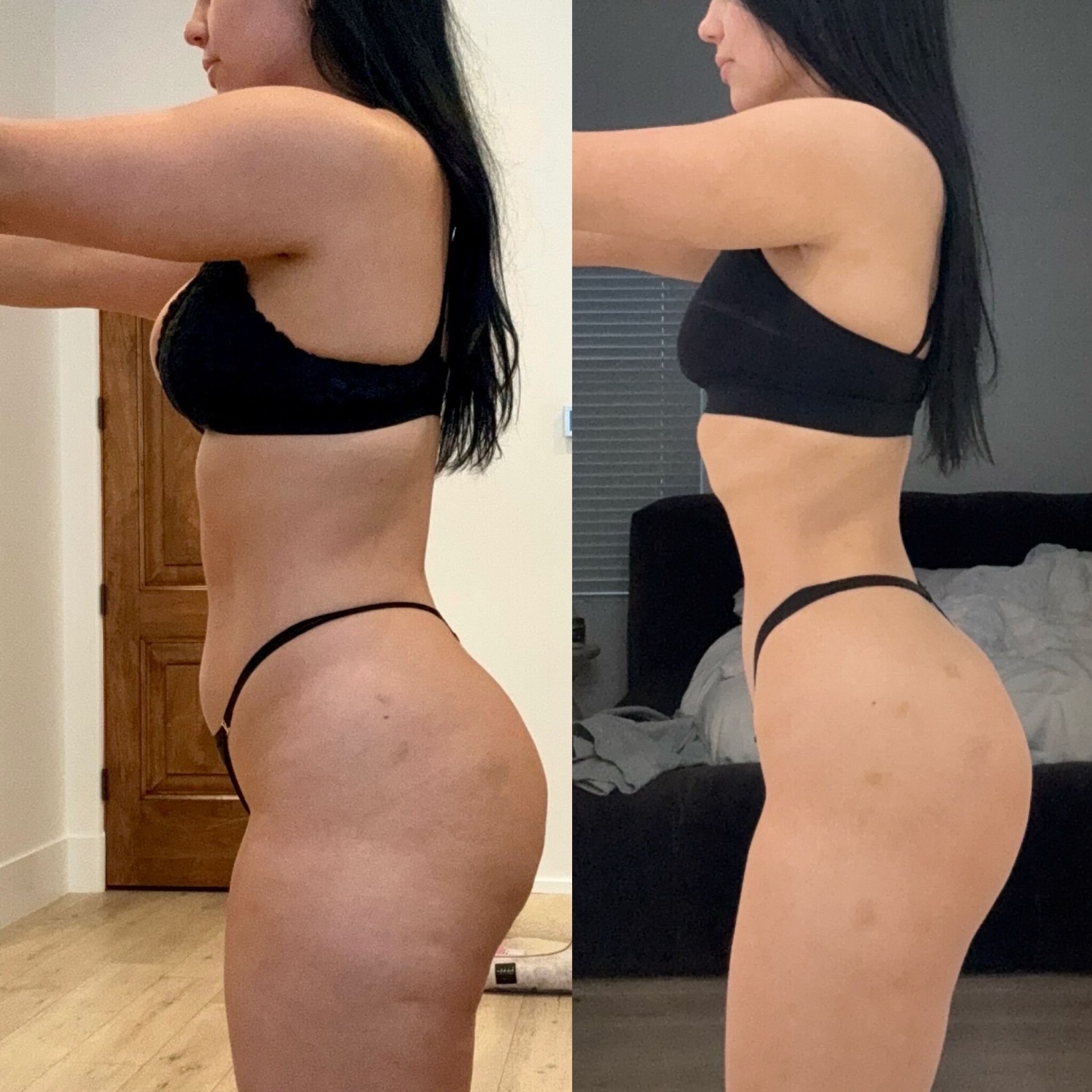 A before and after photo of a woman in a bikini.