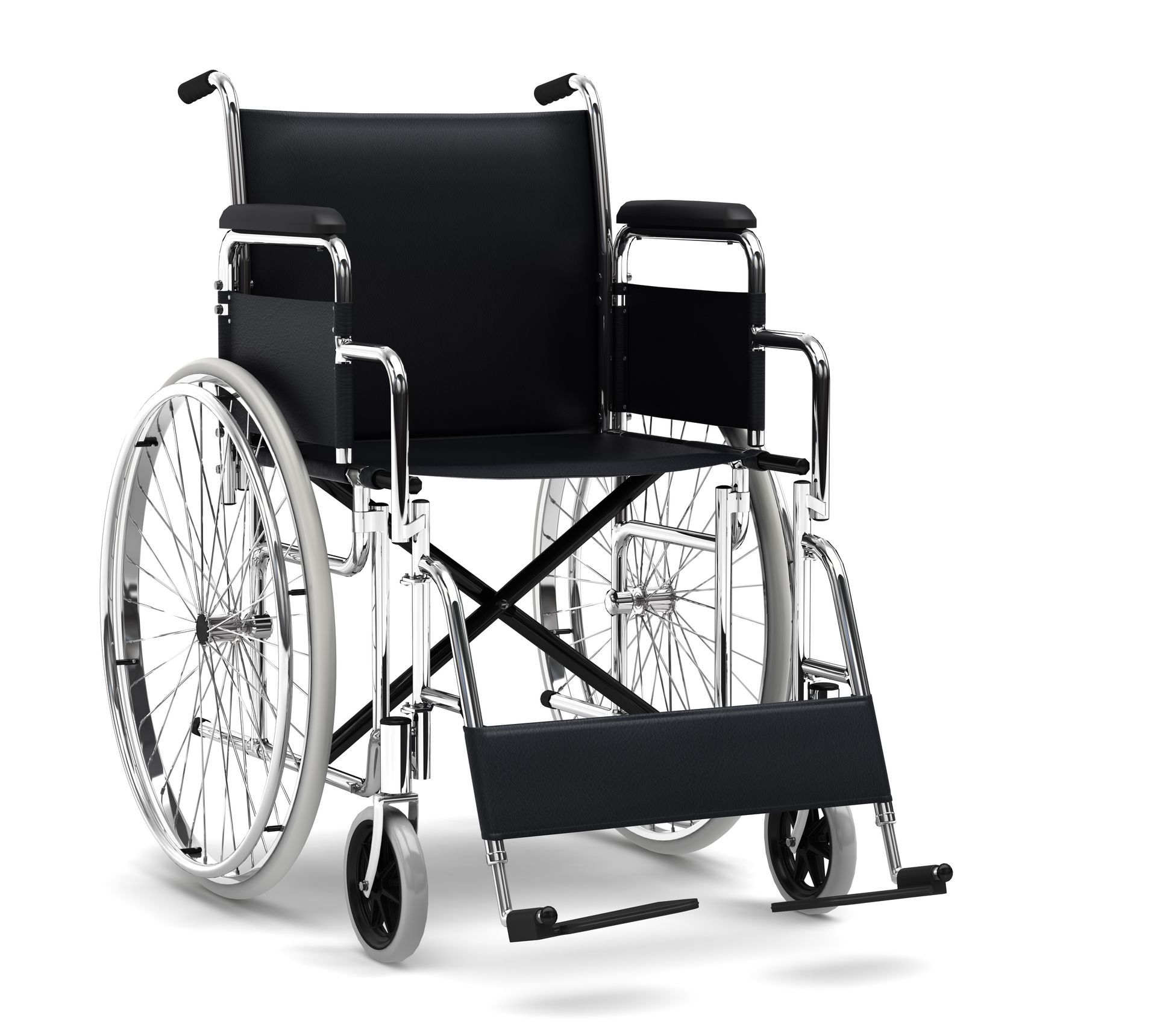 A black wheelchair on an isolated white background.