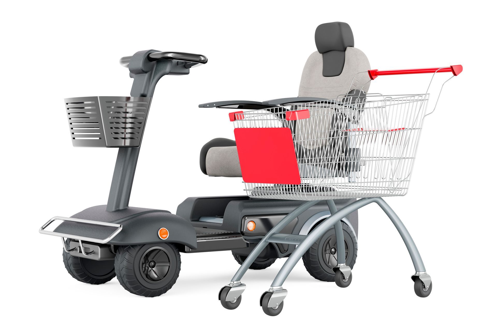 Power wheelchair retail model with attached shopping cart for mobility in stores.