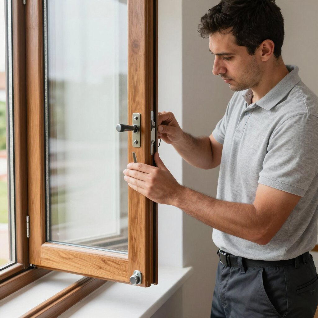 Un uomo installa un chiavistello di legno su un telaio di finestra bianco all'interno di un'abitazione.