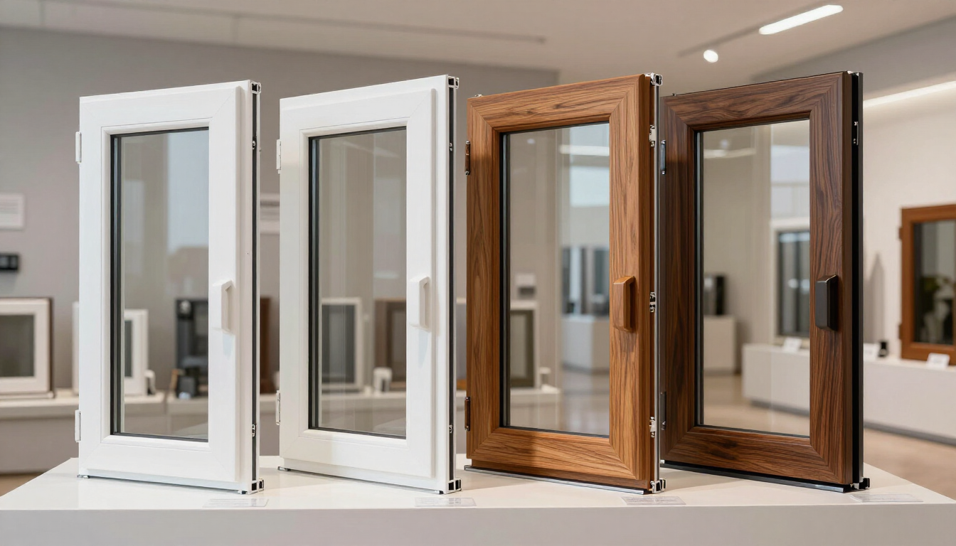 Quattro vetrine decorative esposte in fila, due bianche e due color legno, in uno showroom.