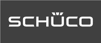 Logo SCHÜCO in bianco su sfondo grigio scuro.