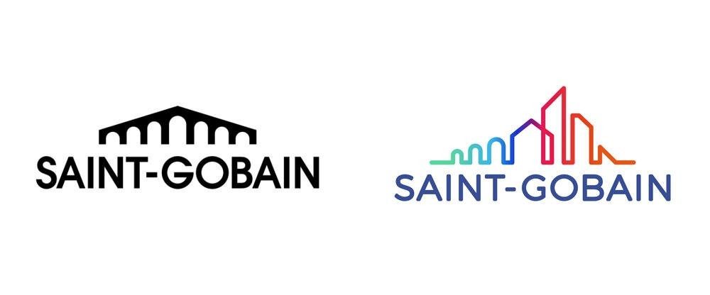 Logo di Saint-Gobain in nero e blu, con il profilo dell'edificio sopra il nome in due stili.