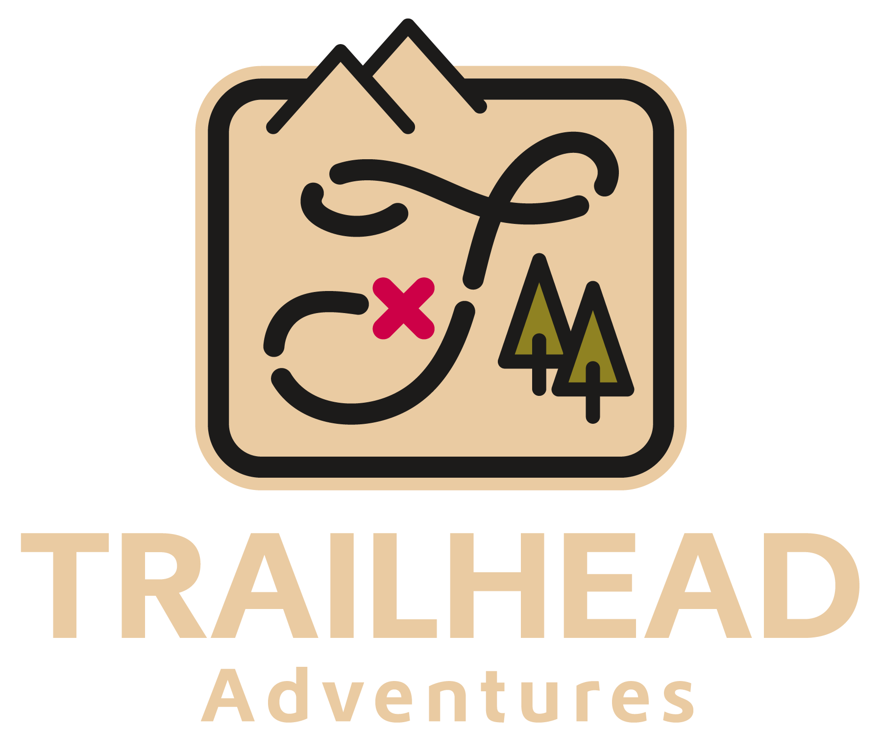 Stylized beige map icon with black trail lines, a red X, and small green pine trees