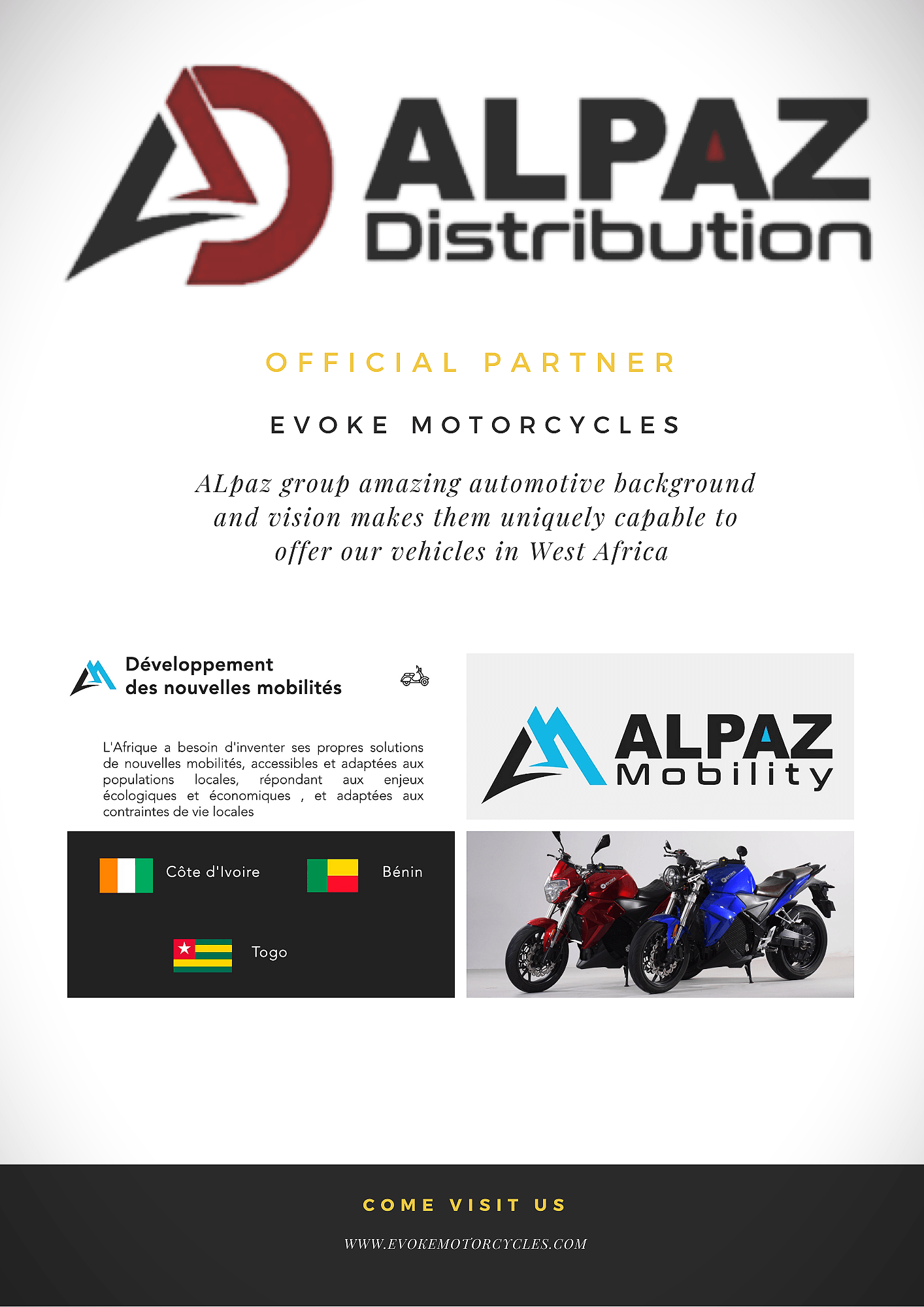 A poster for alpaz distribution , a company that sells motorcycles.