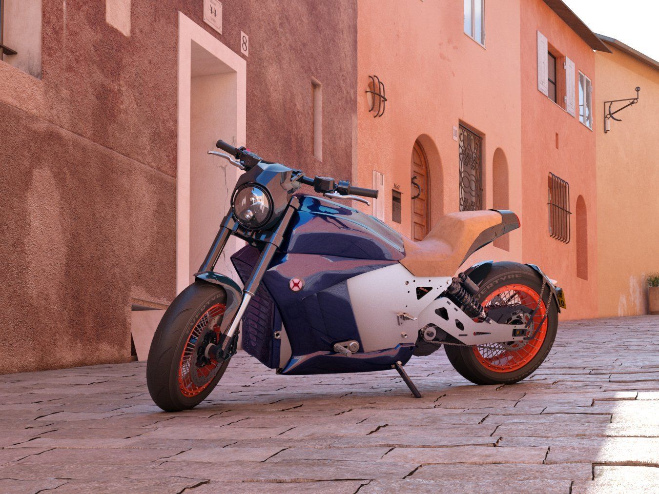 A motorcycle is parked on a sidewalk in front of a building.