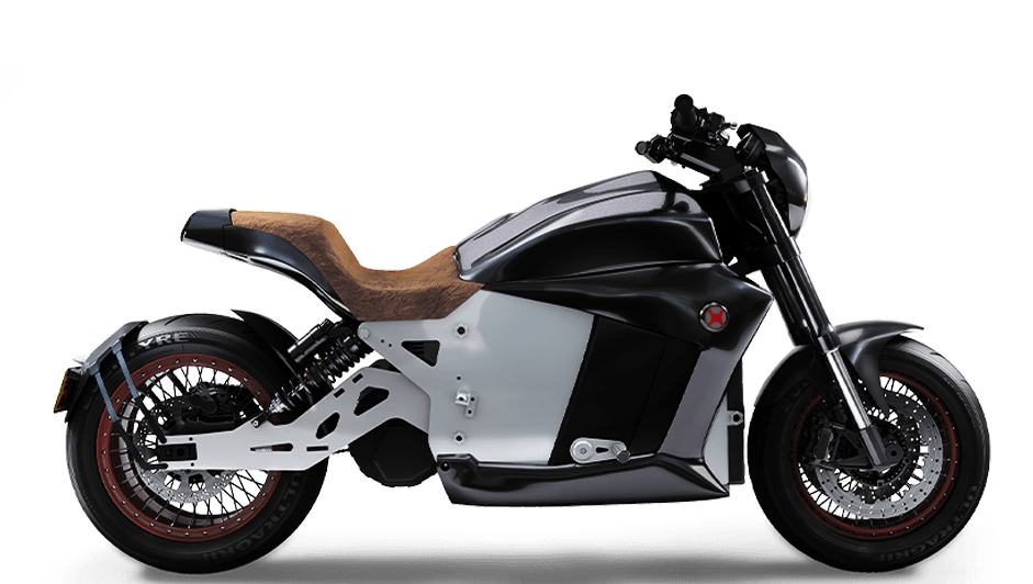 A black and white 6061 electric motorcycle with a brown seat on a white background.