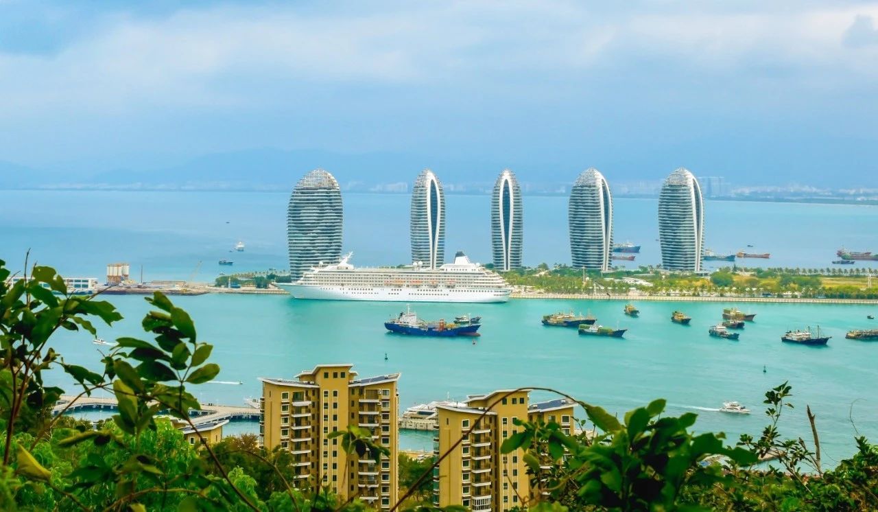 A view of a city from a hill overlooking the ocean with a cruise ship in the distance.