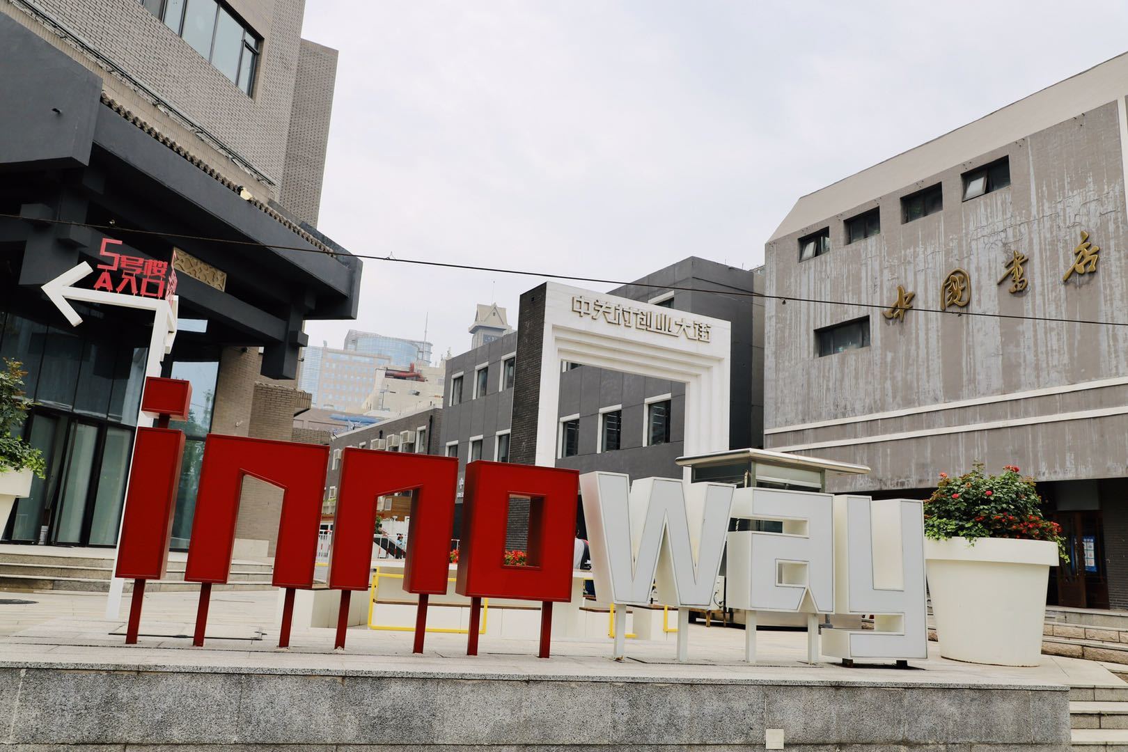 A large red sign that says innowell is in front of a building.