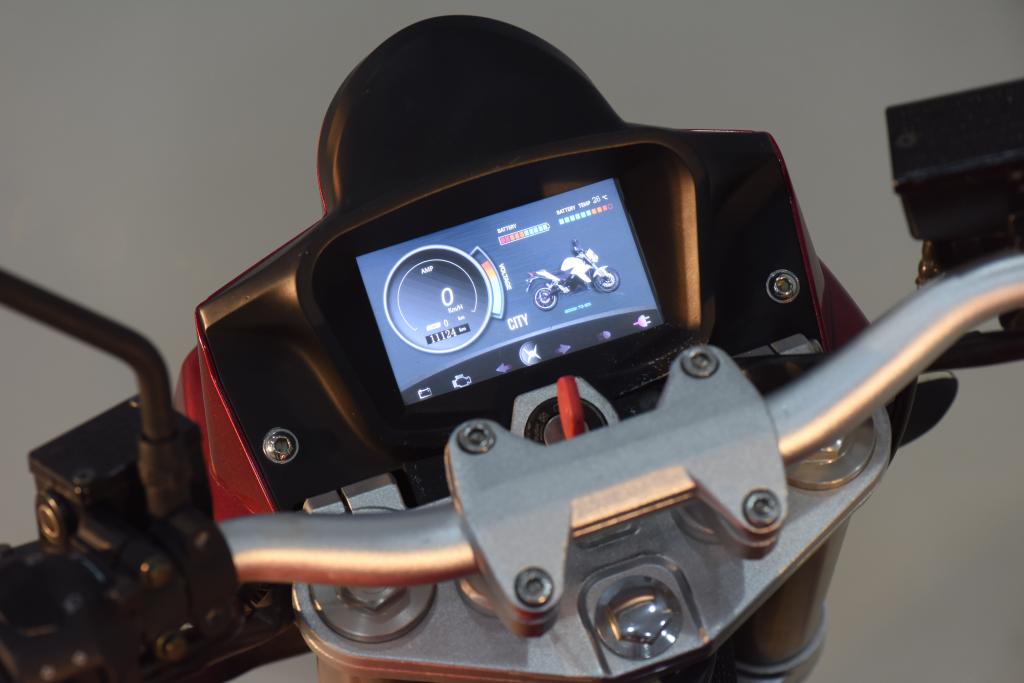 A close-up of the Urban S dashboard of an electric motorcycle