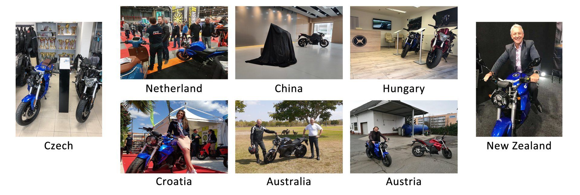 A group of people are riding Urban Classic electric motorcycles in different countries.