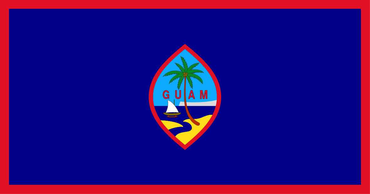 A blue flag of Guam with a palm tree and a sailboat on it
