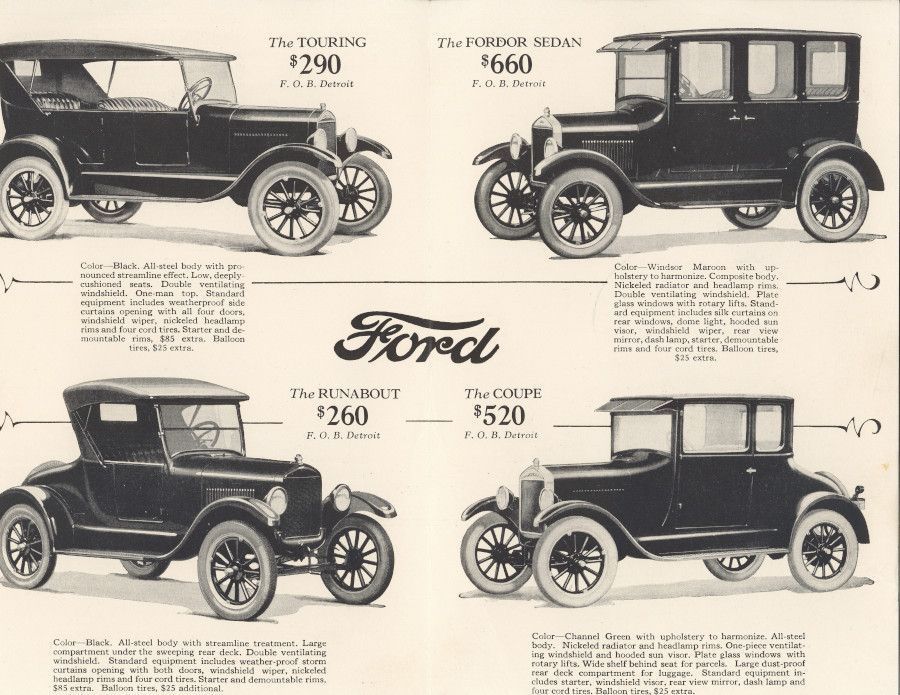 Four old ford cars are shown on a page