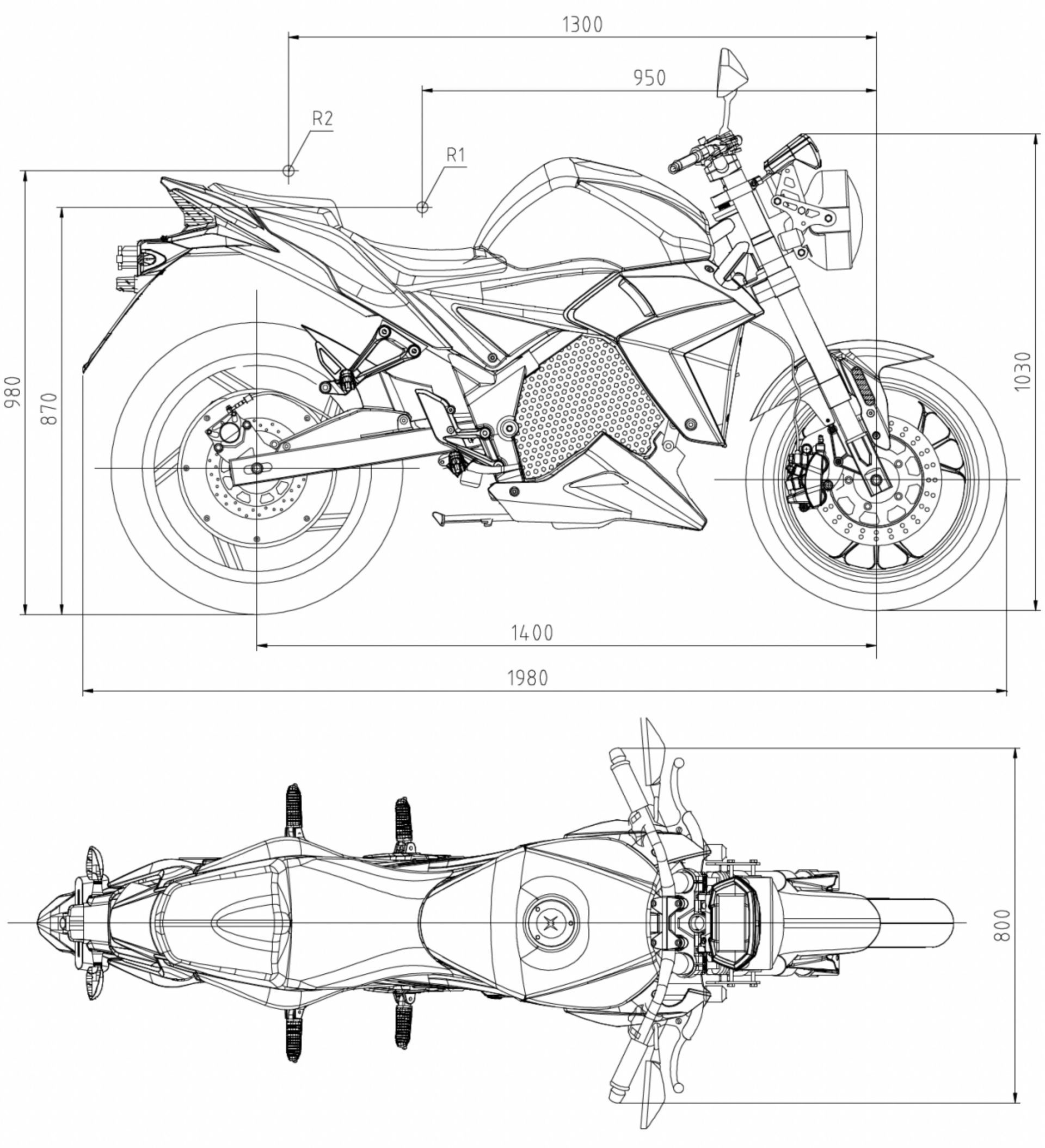 A black and white drawing of Urban Classic an electric motorcycle on a white background.