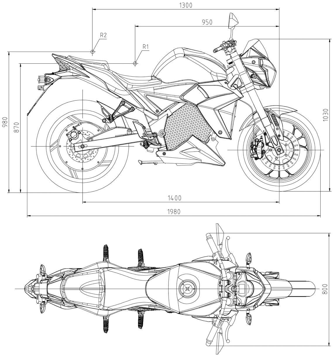 A black and white Urban S drawing of an electric motorcycle with measurements.