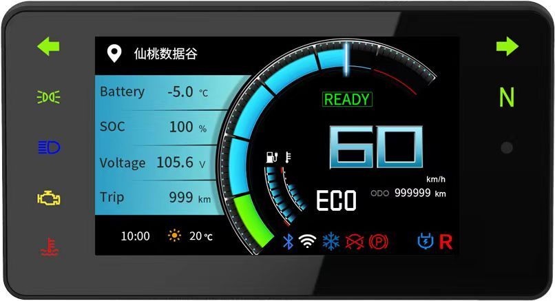 A motorcycle dashboard with a screen that says ready and 60 on it.