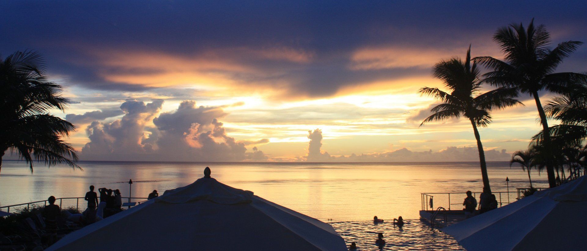 A sunset over the ocean with palm trees in the foreground
