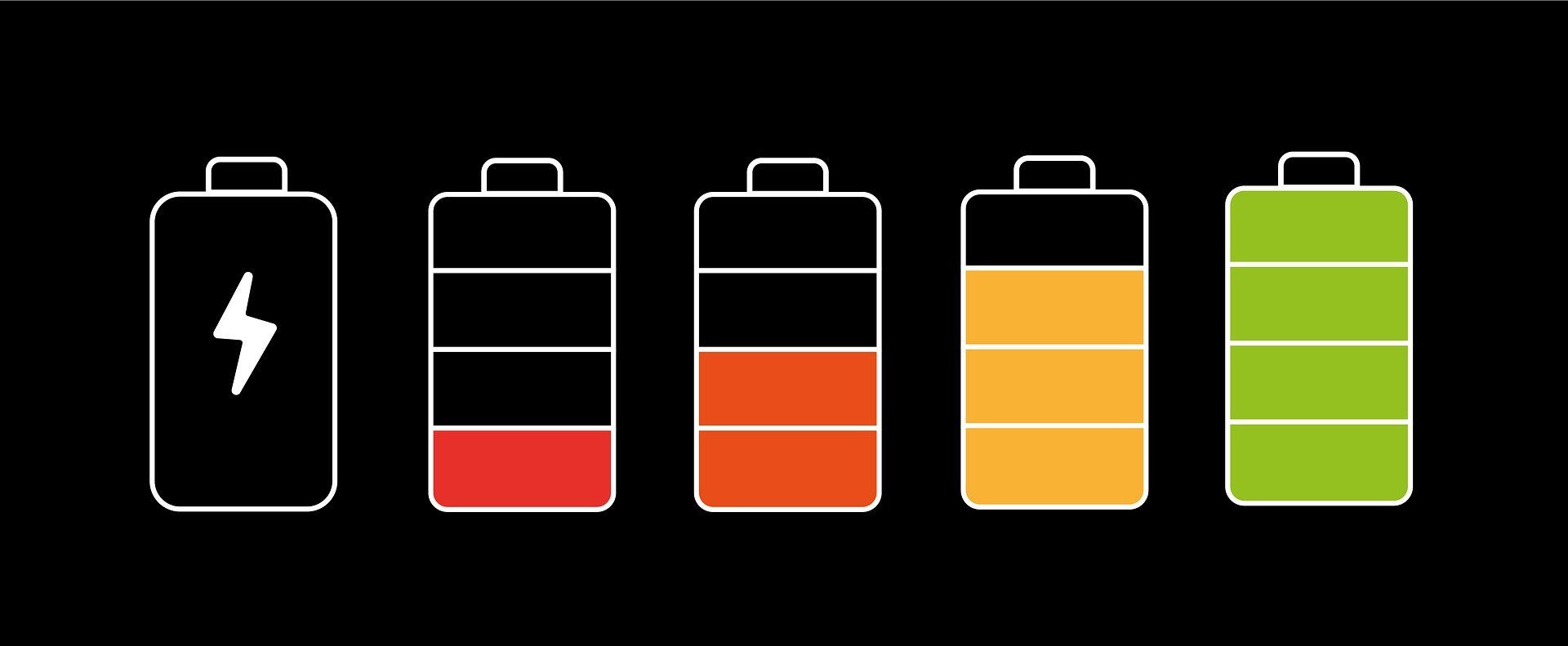 A set of batteries with different levels of charge on a black background.