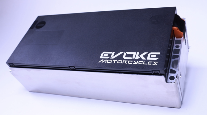 A black lithium battery box that says evoke motorcycles on it
